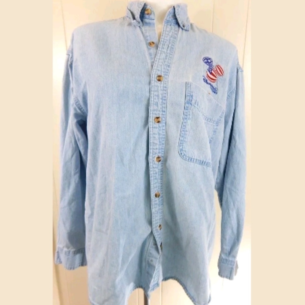 Disneyland American Flag Embroidered Denim Shirt - Picture 1 of 8